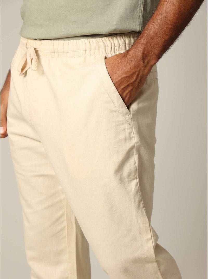 Pantalon en coton et lin avec taille élastiquée et cordon 'Deeluxe' Beige - Kiabi