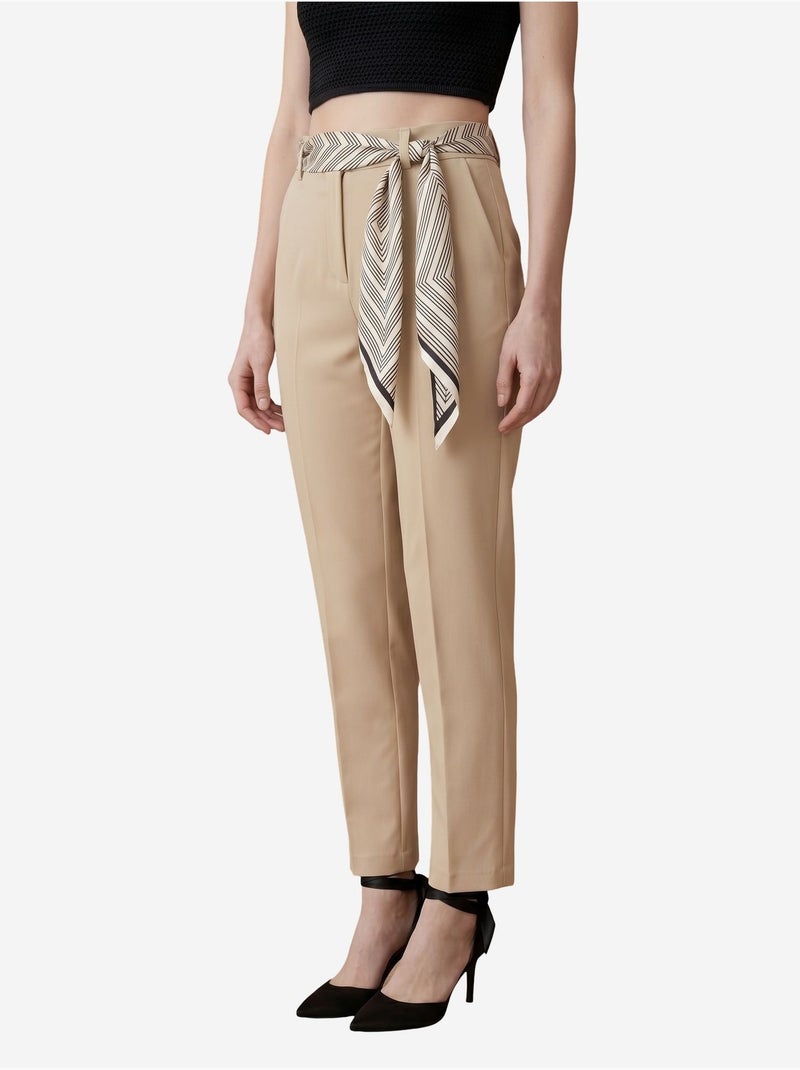 Pantalon en crêpe à jambe droite et taille haute avec ceinture my fashion Beige argile - Kiabi