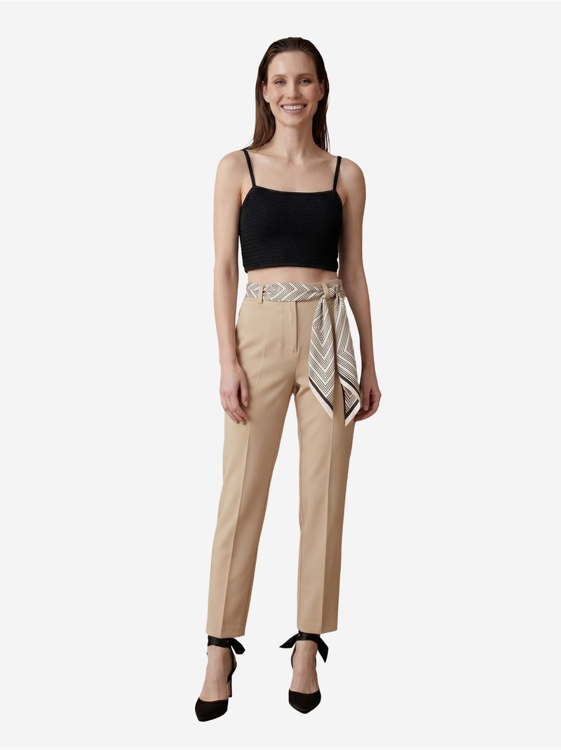 Pantalon en crêpe à jambe droite et taille haute avec ceinture my fashion Beige argile - Kiabi