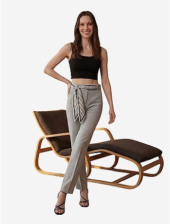 My fashion pantalon en crêpe à jambe droite et taille haute avec ceinture