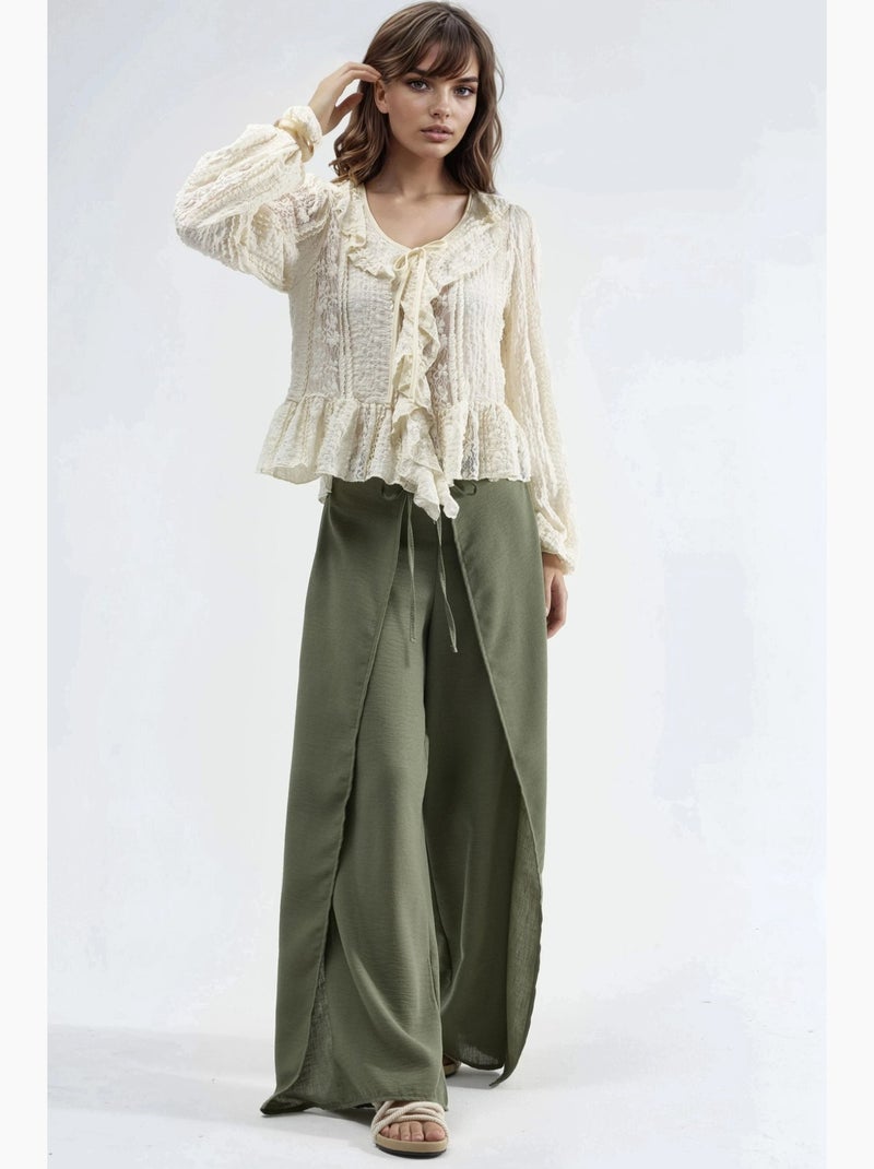 Pantalon en crêpe à taille élastiquée avec cordon de serrage et détail noué busem Kaki - Kiabi