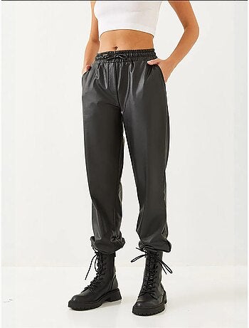 Pantalon en cuir à taille et poignets élastiques bianco lucci