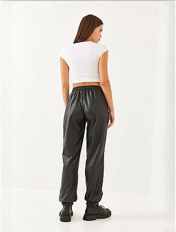 Pantalon en cuir à taille et poignets élastiques bianco lucci