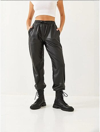 Pantalon en cuir à taille et poignets élastiques bianco lucci