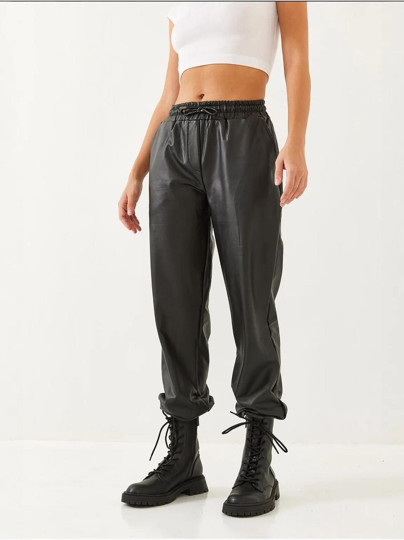 Pantalon en cuir à taille et poignets élastiques bianco lucci Noir - Kiabi