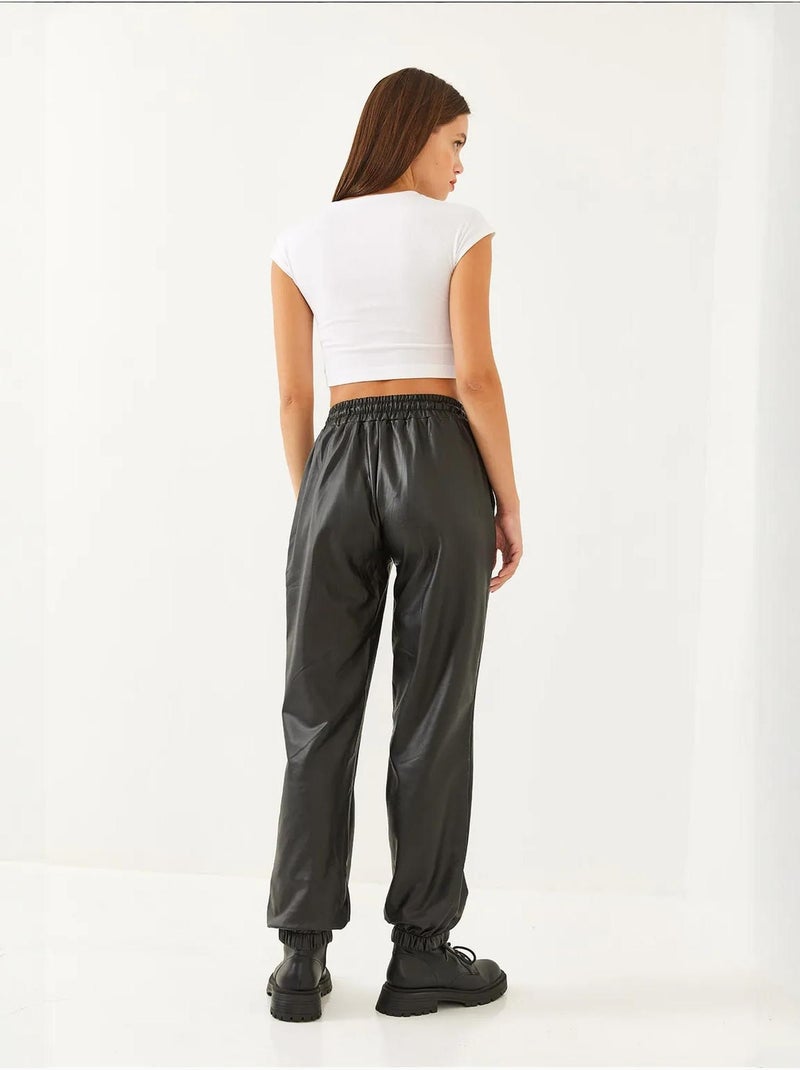 Pantalon en cuir à taille et poignets élastiques bianco lucci Noir - Kiabi