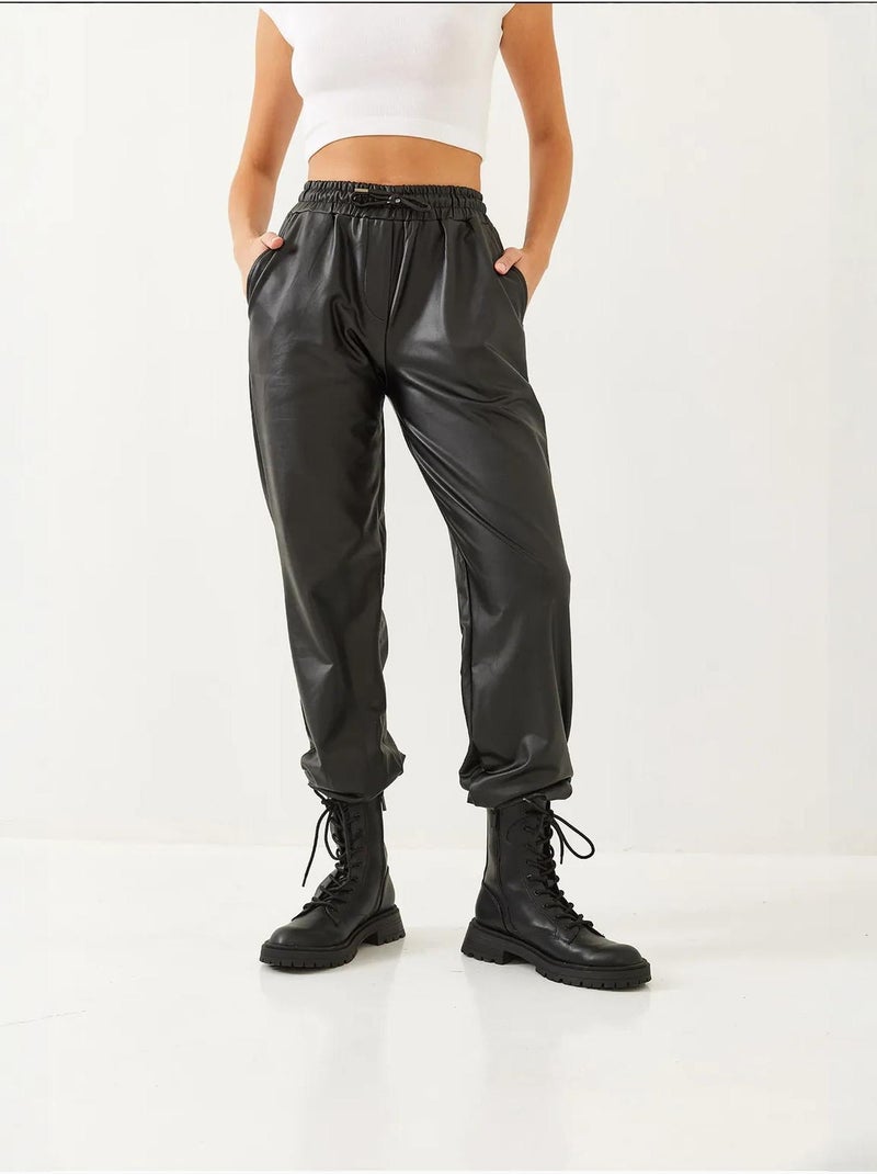 Pantalon en cuir à taille et poignets élastiques bianco lucci Noir - Kiabi