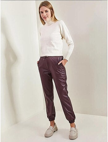 Pantalon en cuir à taille et poignets élastiques bianco lucci
