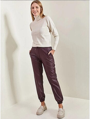 Pantalon en cuir à taille et poignets élastiques bianco lucci