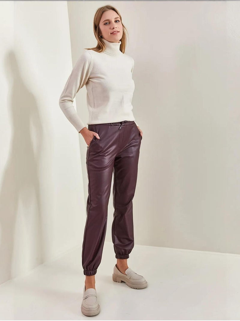 Pantalon en cuir à taille et poignets élastiques bianco lucci Rouge bordeaux - Kiabi