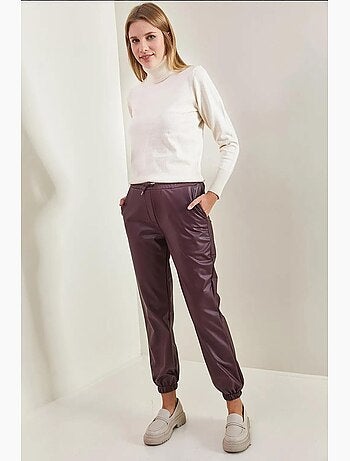 Pantalon en cuir à taille et poignets élastiques lucci