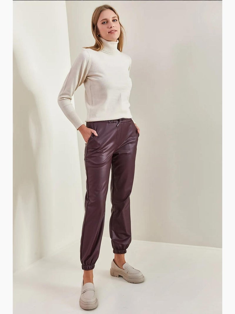 Pantalon en cuir à taille et poignets élastiques lucci Rouge bordeaux - Kiabi