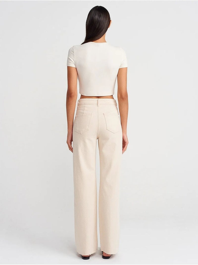 Pantalon en denim femme à taille haute et jambe large dilvin Blanc cassé - Kiabi