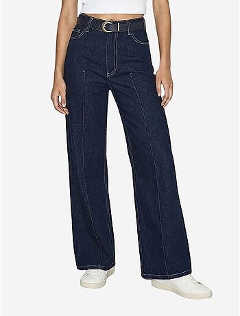 Pantalon en denim taille haute à jambes larges avec ceinture lucci