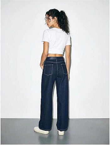 Pantalon en denim taille haute à jambes larges avec ceinture lucci