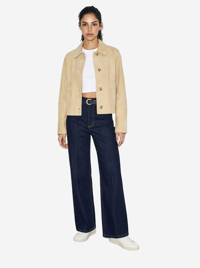 Pantalon en denim taille haute à jambes larges avec ceinture lucci Bleu marine - Kiabi