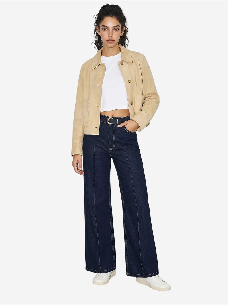 Pantalon en denim taille haute à jambes larges avec ceinture lucci Bleu marine - Kiabi