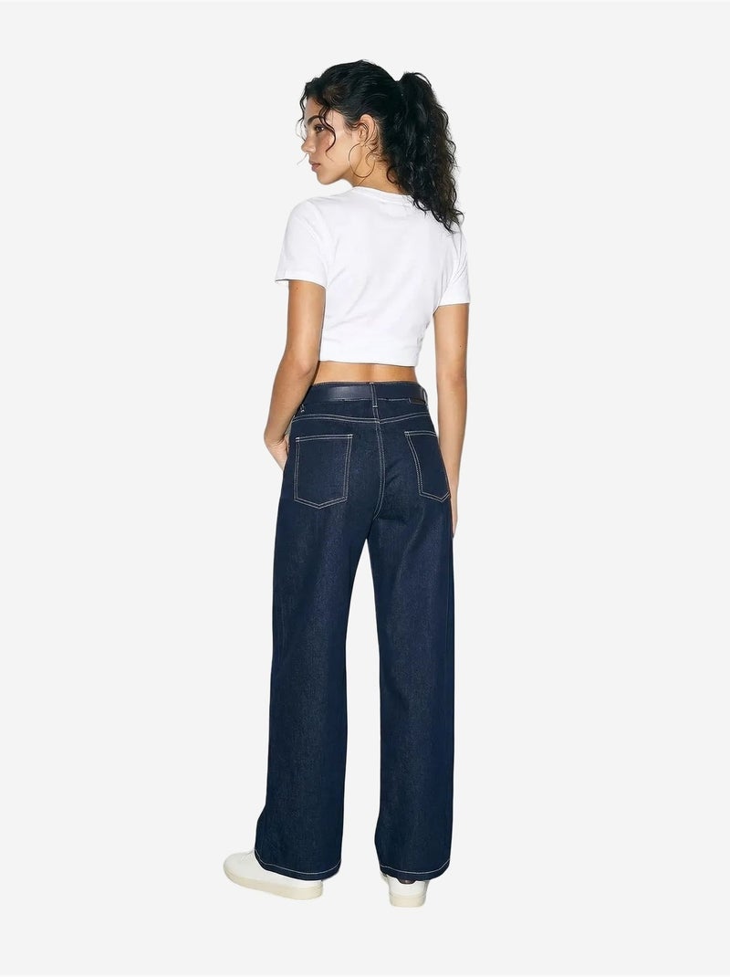 Pantalon en denim taille haute à jambes larges avec ceinture lucci Bleu marine - Kiabi