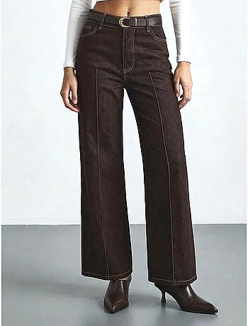Pantalon en denim taille haute à jambes larges avec ceinture lucci