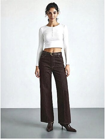 Pantalon en denim taille haute à jambes larges avec ceinture lucci
