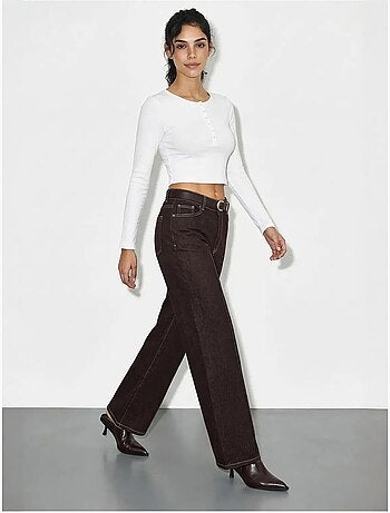 Pantalon en denim taille haute à jambes larges avec ceinture lucci