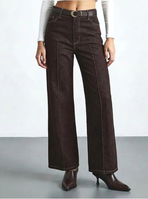 Pantalon en denim taille haute à jambes larges avec ceinture lucci - Kiabi