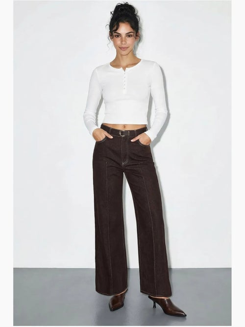 Pantalon en denim taille haute à jambes larges avec ceinture lucci - Kiabi
