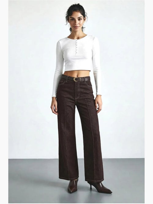 Pantalon en denim taille haute à jambes larges avec ceinture lucci - Kiabi
