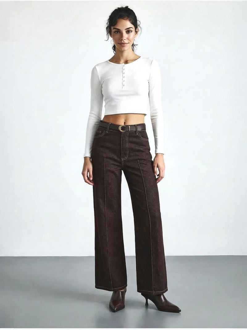 Pantalon en denim taille haute à jambes larges avec ceinture lucci Marron foncé - Kiabi