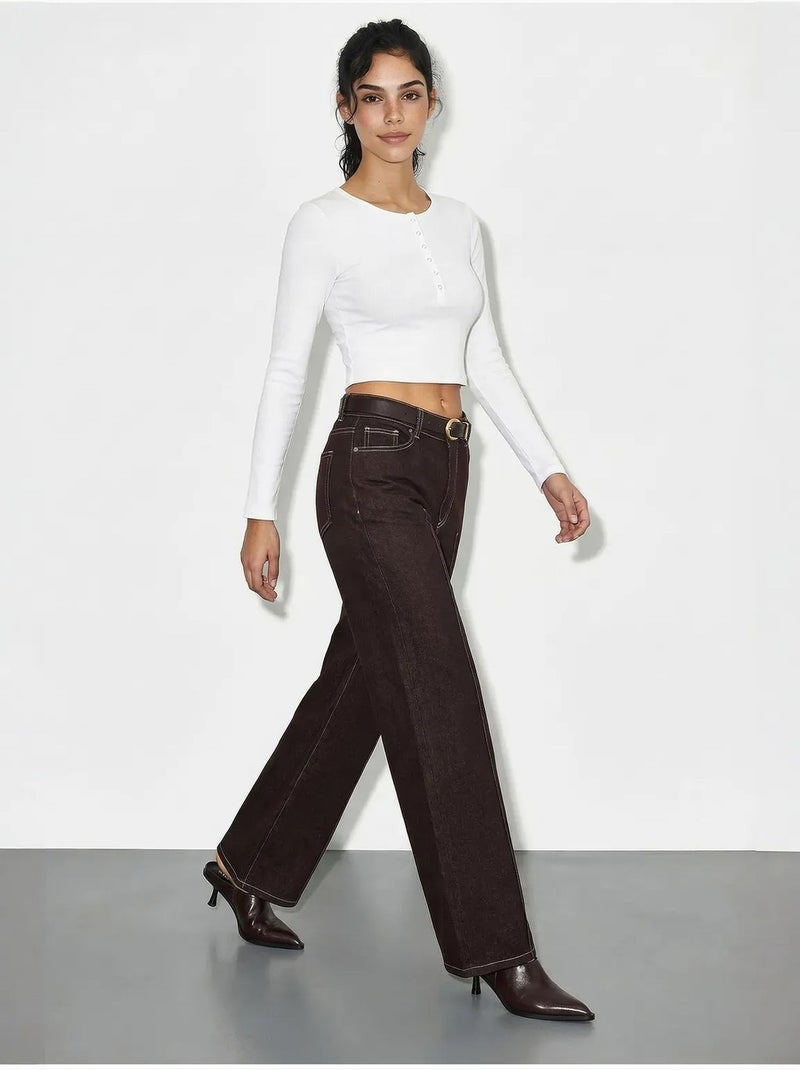Pantalon en denim taille haute à jambes larges avec ceinture lucci Marron foncé - Kiabi