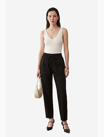 Pantalon en gabardine unie longueur cheville avec cordon de serrage à la taille my fashion