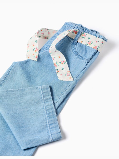 Pantalon en jean à jambe large avec ceinture à motif floral - Kiabi