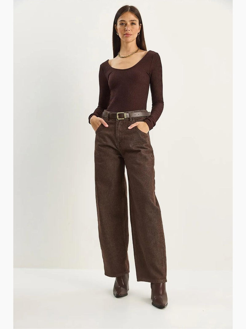 Pantalon en jean ample taille haute lucci Marron chocolat - Kiabi