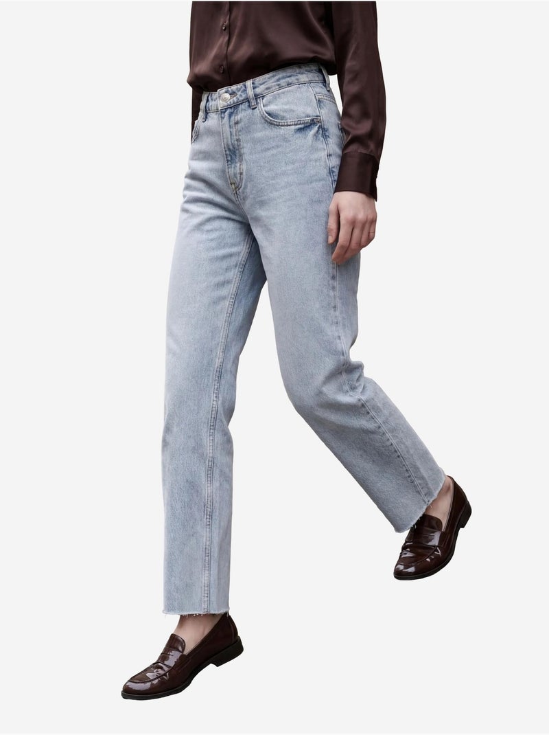 Pantalon en jean droit taille haute longueur cheville avec poches my fashion Bleu clair - Kiabi