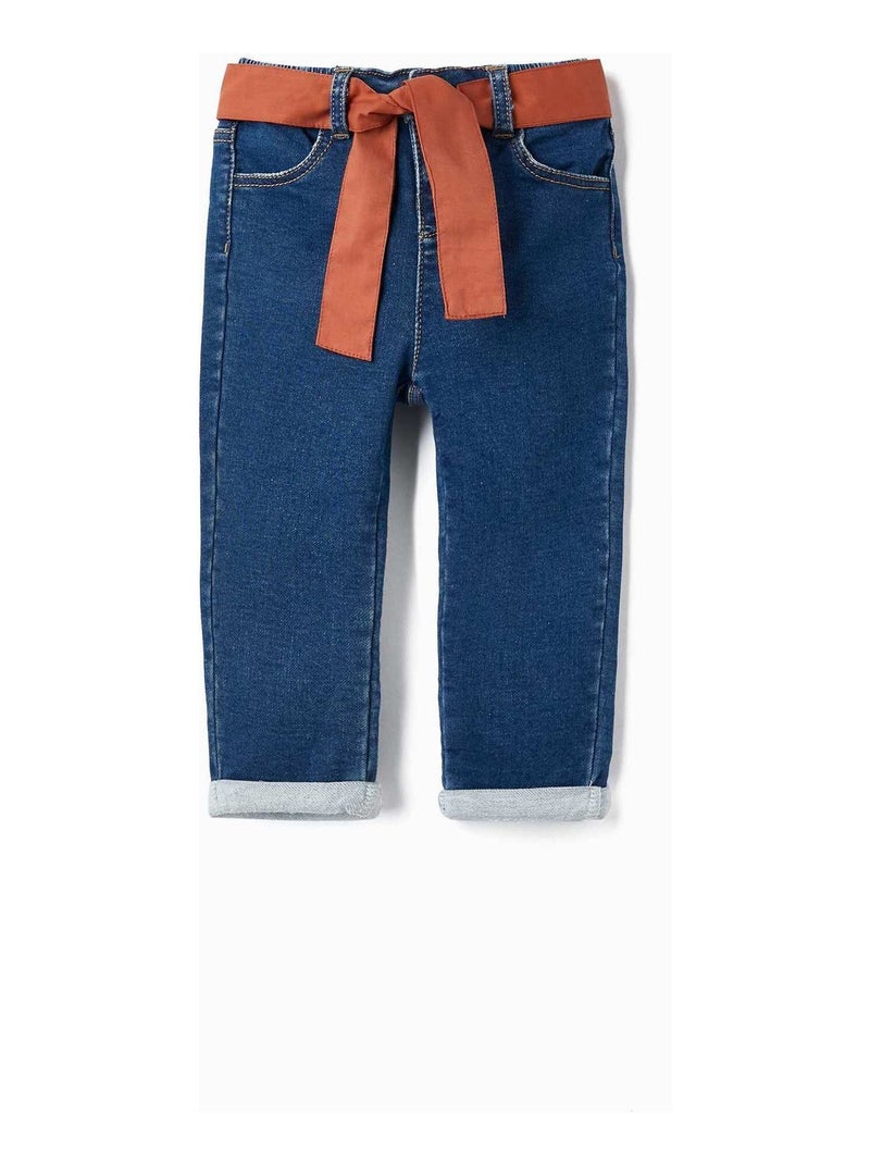 Pantalon en jean en coton avec ruban pour bébé fille   ACE CLUBS Bleu foncé - Kiabi