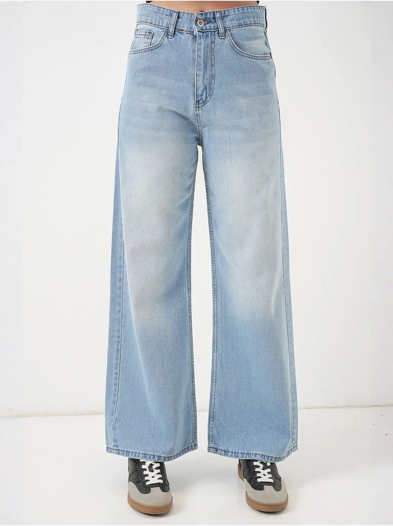 Pantalon en jean palazzo taille haute à jambe large bdart Bleu clair - Kiabi