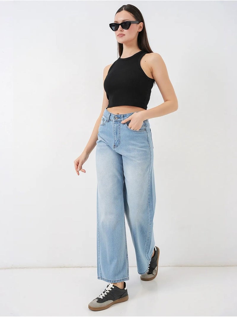 Pantalon en jean palazzo taille haute à jambe large bdart Bleu clair - Kiabi