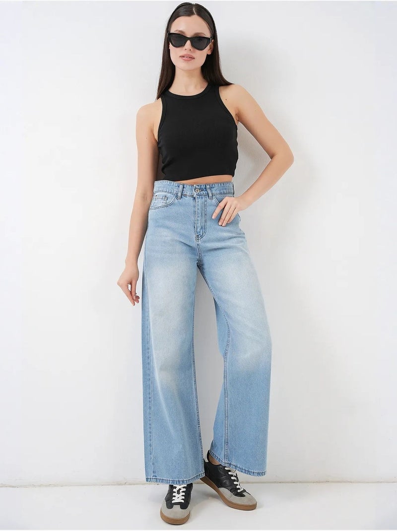 Pantalon en jean palazzo taille haute à jambe large bdart Bleu clair - Kiabi