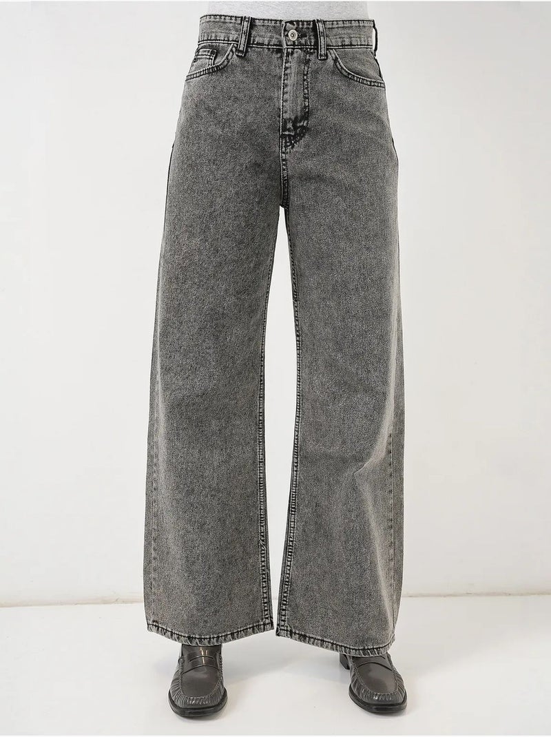 Pantalon en jean palazzo taille haute à jambe large bdart Gris Noir - Kiabi