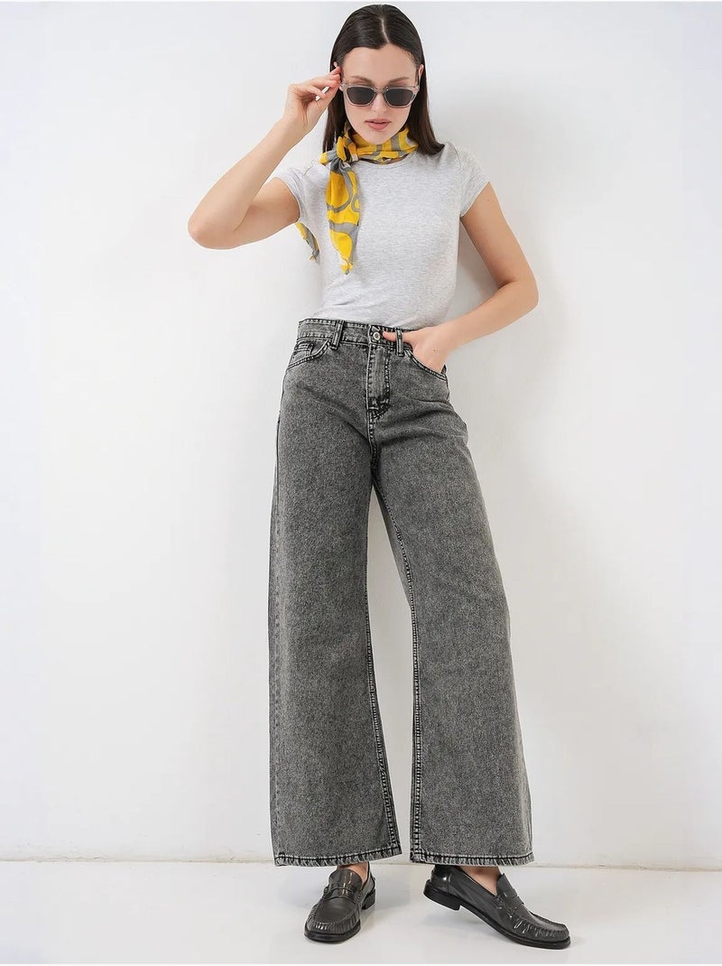Pantalon en jean palazzo taille haute à jambe large bdart Gris Noir - Kiabi