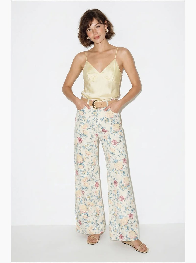 Pantalon en jean taille haute à imprimé cachemire et jambes droites lucci Blanc - Kiabi