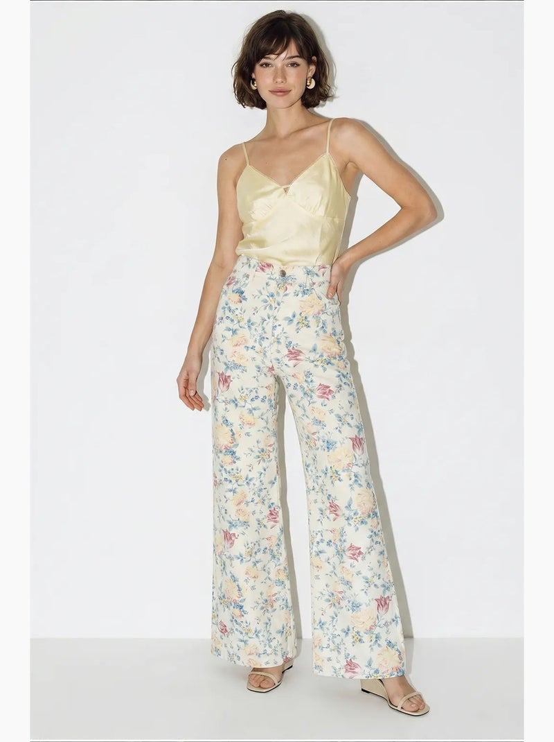 Pantalon en jean taille haute à imprimé cachemire et jambes droites lucci Blanc - Kiabi