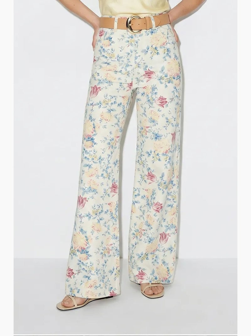 Pantalon en jean taille haute à imprimé cachemire et jambes droites lucci Blanc - Kiabi