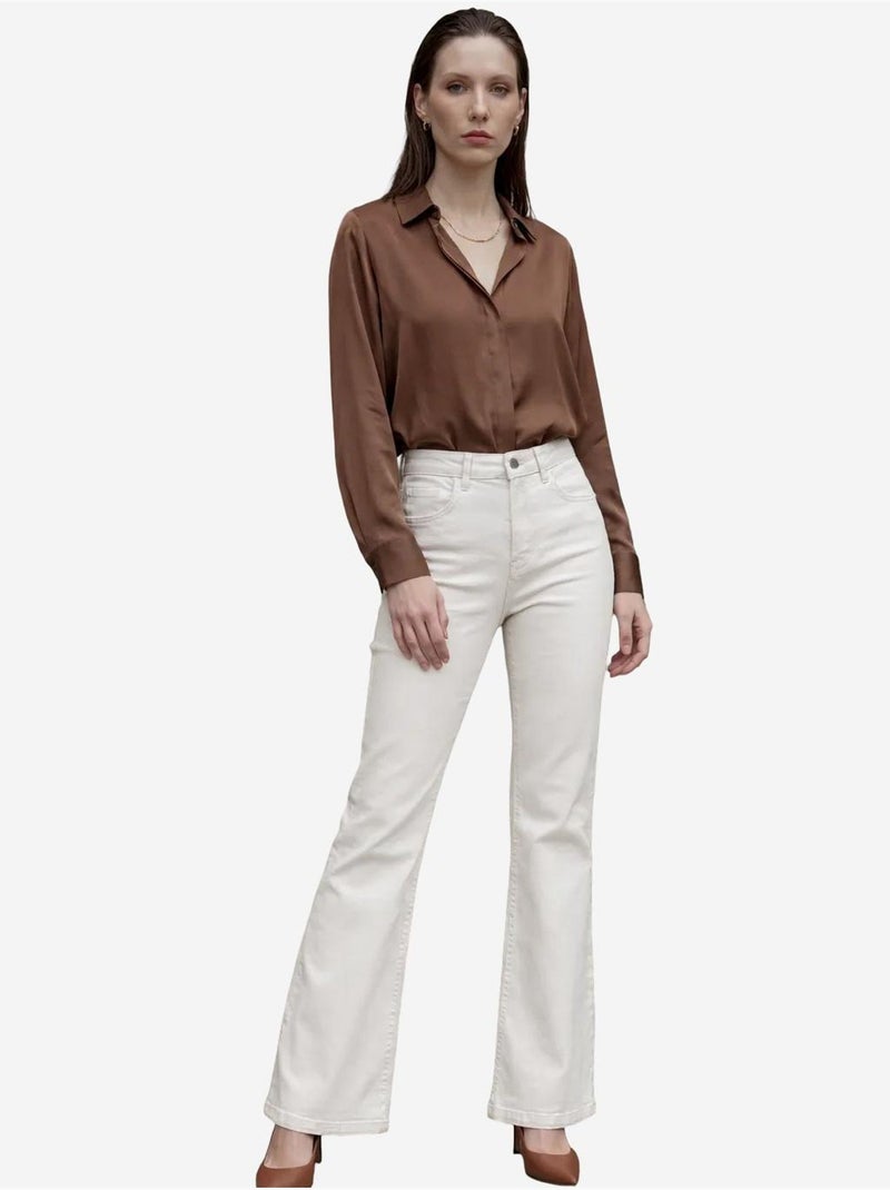 Pantalon en jean taille haute à jambes évasées avec poches my fashion Crème - Kiabi