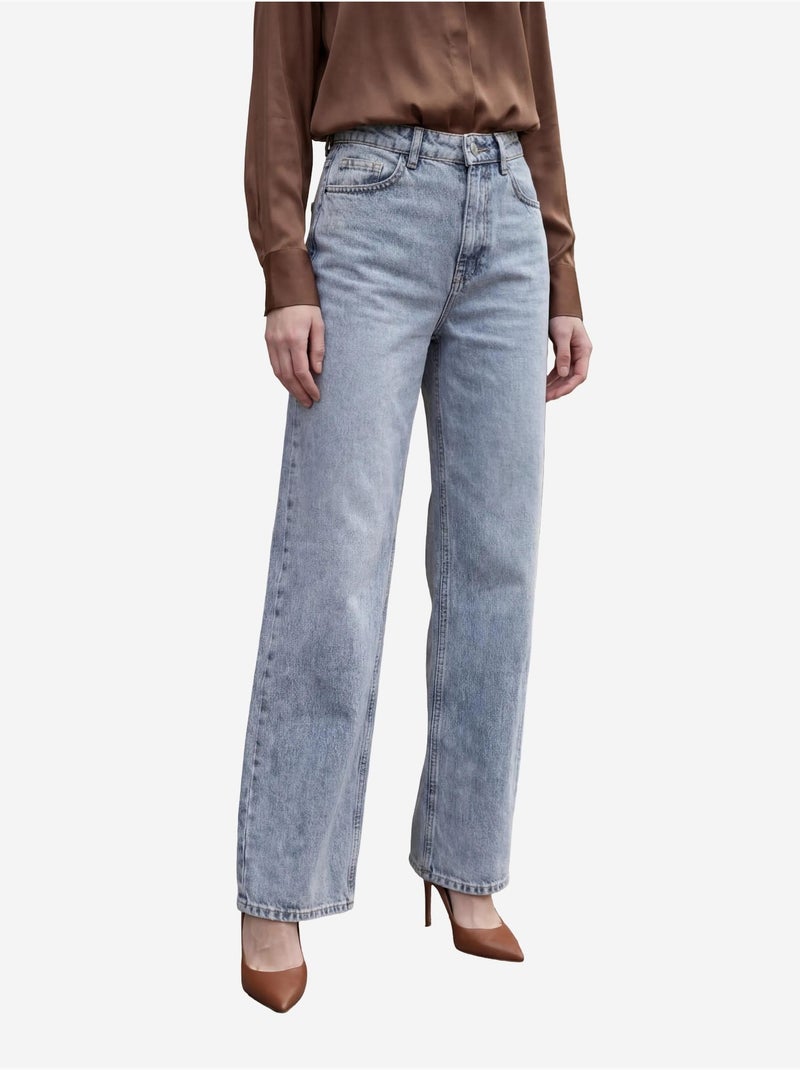 Pantalon en jean taille haute à jambes larges avec poches my fashion Bleu clair - Kiabi