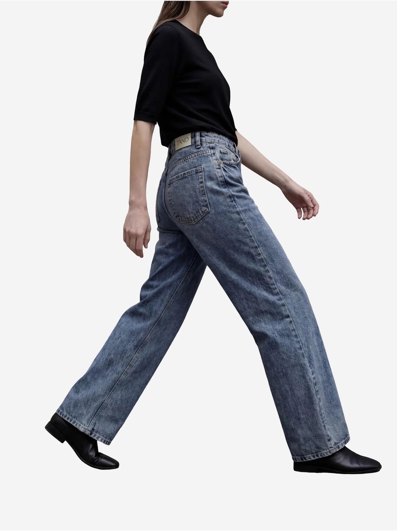 Pantalon en jean taille haute à jambes larges avec poches my fashion Bleu foncé - Kiabi