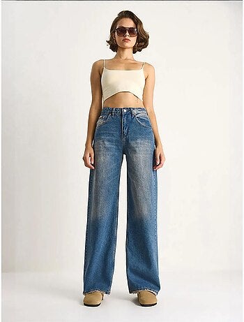 Pantalon en jean taille haute et jambe large lucci