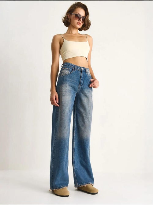 Pantalon en jean taille haute et jambe large lucci - Kiabi