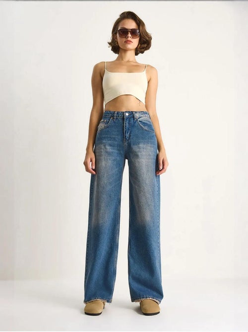 Pantalon en jean taille haute et jambe large lucci - Kiabi