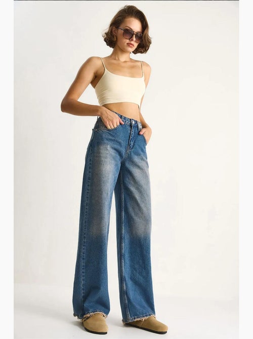 Pantalon en jean taille haute et jambe large lucci - Kiabi